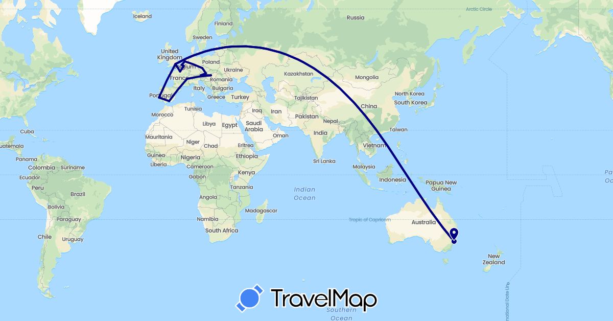 TravelMap itinerary: driving in Austria, Australia, Belgium, Switzerland, Czech Republic, Spain, France, United Kingdom, Hungary, Netherlands, Portugal (Europe, Oceania)
